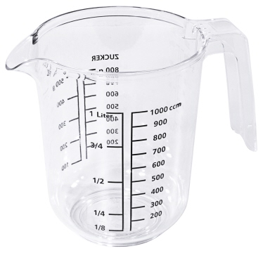 Contacto Messbecher 1 l, klar, Kunststoff, mit bedruckten Skalen Liter, ccm, Zucker, Mehl